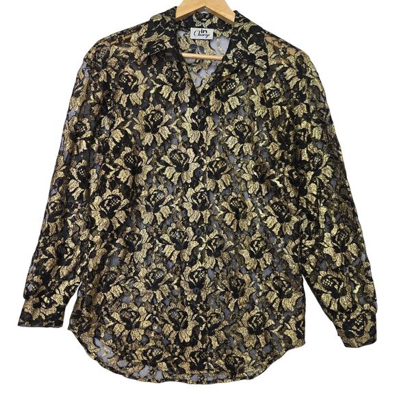 In Charge Womens Vtg 90s Y2K Whimsigoth Sparkle Metallic Sheer Lace Button Top M - Picture 1 of 10